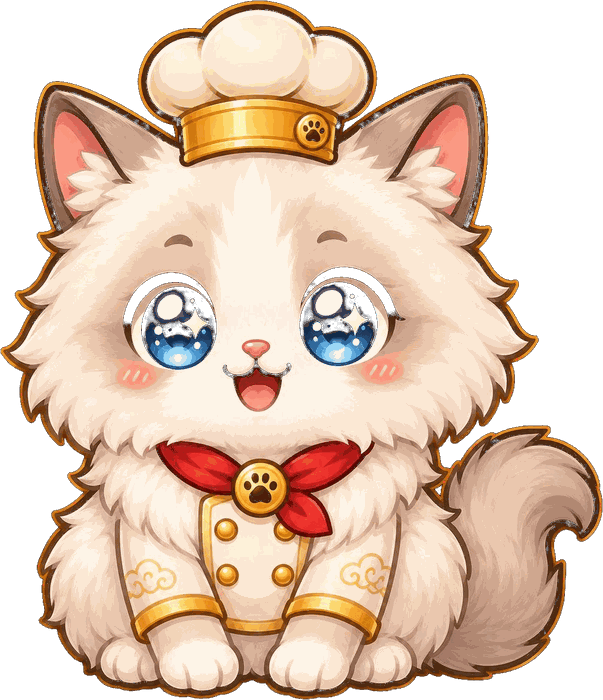 A fluffy white chef cat