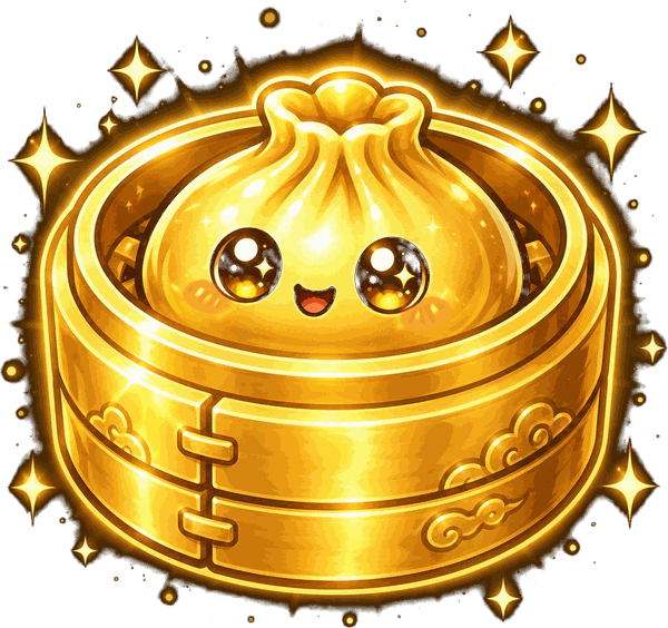 A glowing golden dumpling in an ornate steamer basket